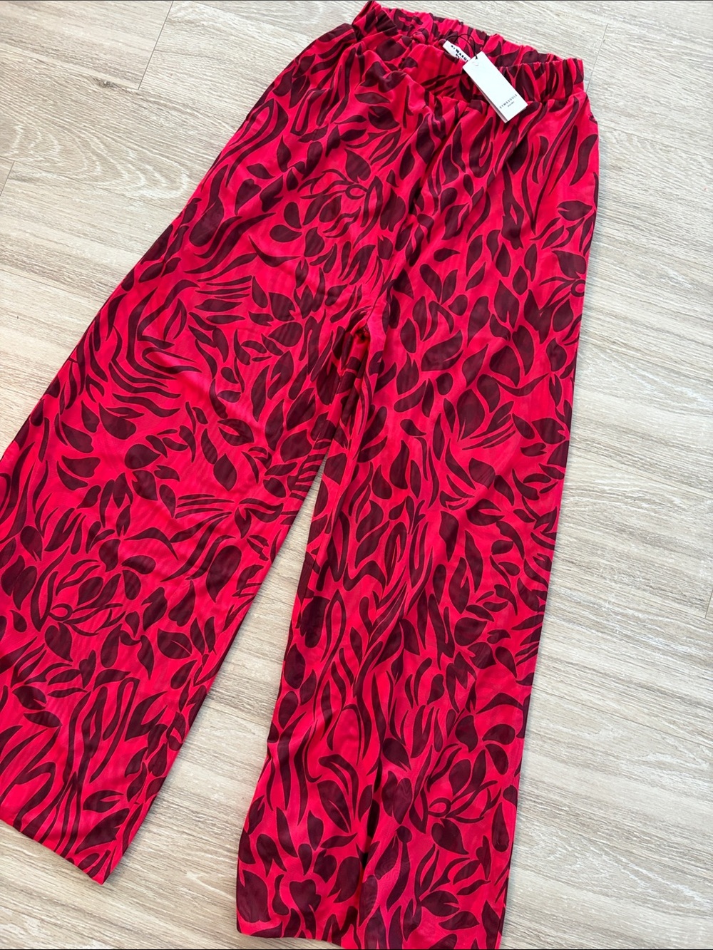 Anthropologie Red and Black Patterned Wide-Leg Pants
